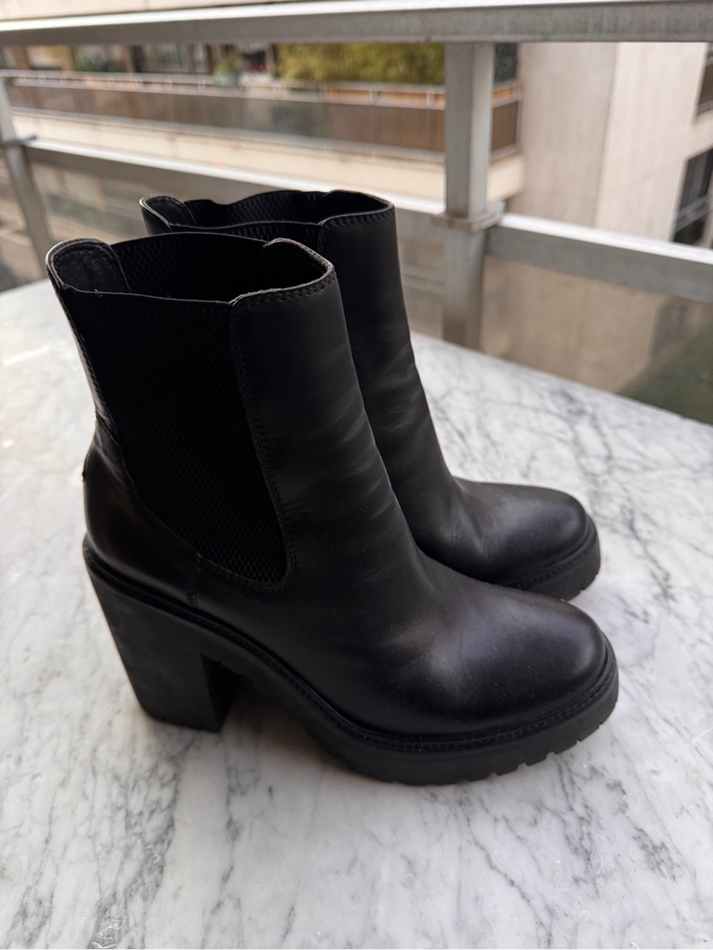 Moncler Black Leather Chunky Heel Chelsea Booties